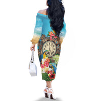 Personalized It's 5 o'clock Somewhere Family Matching Off The Shoulder Long Sleeve Dress and Hawaiian Shirt Hawaiian Tropical Parrots - Polynesian Pride