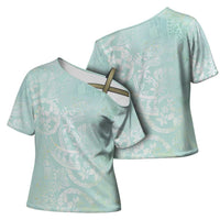 Polynesian Tiare Monstera Seafoam Green Cross Shoulder Shirt Liquid Style - Polynesian Pride