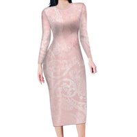 Polynesian Tiare Monstera Soft Pink Family Matching Long Sleeve Bodycon Dress and Hawaiian Shirt Liquid Style - Polynesian Pride
