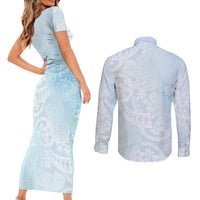 Polynesian Tiare Monstera Baby Blue Couples Matching Short Sleeve Bodycon Dress and Long Sleeve Button Shirt Liquid Style - Polynesian Pride