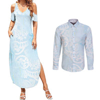 Polynesian Tiare Monstera Baby Blue Couples Matching Summer Maxi Dress and Long Sleeve Button Shirt Liquid Style - Polynesian Pride