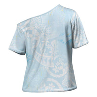 Polynesian Tiare Monstera Baby Blue Cross Shoulder Shirt Liquid Style - Polynesian Pride