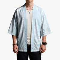 Polynesian Tiare Monstera Baby Blue Kimono Liquid Style - Polynesian Pride
