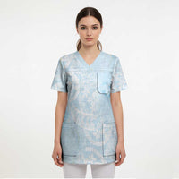 Polynesian Tiare Monstera Baby Blue Scrub Top Liquid Style - Polynesian Pride