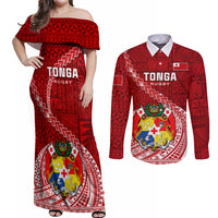 Custom Tonga Rugby Couples Matching Off Shoulder Maxi Dress and Long Sleeve Button Shirts Tongan Ngatu Pattern White Version LT01 Red - Polynesian Pride