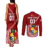 Custom Tonga Rugby Couples Matching Tank Maxi Dress and Long Sleeve Button Shirts Tongan Ngatu Pattern White Version LT01 - Polynesian Pride