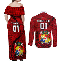 Custom Tonga Rugby Couples Matching Off Shoulder Maxi Dress and Long Sleeve Button Shirts Tongan Ngatu Pattern Black Version LT01 - Polynesian Pride