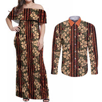 Hawaii Hibiscus Couples Matching Off Shoulder Maxi Dress and Long Sleeve Button Shirt Retro Style LT01 Brown - Polynesian Pride