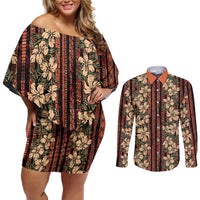 Hawaii Hibiscus Couples Matching Off Shoulder Short Dress and Long Sleeve Button Shirt Retro Style LT01 Brown - Polynesian Pride