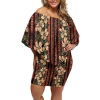 Hawaii Hibiscus Off Shoulder Short Dress Retro Style LT01 Women Brown - Polynesian Pride