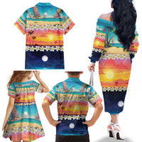 Hawaii Beach Landscape Time-Lapse Family Matching Off The Shoulder Long Sleeve Dress and Hawaiian Shirt Tropical Plumeria Flowers - Polynesian Pride