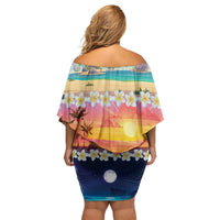 Hawaii Beach Landscape Time-Lapse Family Matching Off Shoulder Short Dress and Hawaiian Shirt Tropical Plumeria Flowers - Polynesian Pride
