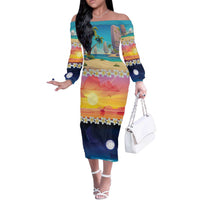 Hawaii Beach Landscape Time-Lapse Off The Shoulder Long Sleeve Dress Tropical Plumeria Flowers LT01 Women Multicolor - Polynesian Pride