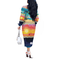 Hawaii Beach Landscape Time-Lapse Off The Shoulder Long Sleeve Dress Tropical Plumeria Flowers LT01 - Polynesian Pride