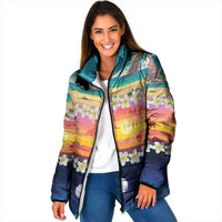 Hawaii Beach Landscape Time-Lapse Padded Jacket Tropical Plumeria Flowers - Polynesian Pride