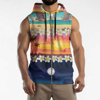 Hawaii Beach Landscape Time-Lapse Sleeveless Zip Hoodie Tropical Plumeria Flowers - Polynesian Pride