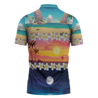 Hawaii Beach Landscape Time-Lapse Zipper Polo Shirt Tropical Plumeria Flowers - Polynesian Pride