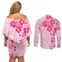 Fiji Masi With Hibiscus Tapa Tribal Couples Matching Off Shoulder Short Dress and Long Sleeve Button Shirt Pink Pastel LT01 - Polynesian Pride