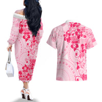 Fiji Masi With Hibiscus Tapa Tribal Couples Matching Off The Shoulder Long Sleeve Dress and Hawaiian Shirt Pink Pastel LT01 - Polynesian Pride