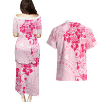 Fiji Masi With Hibiscus Tapa Tribal Couples Matching Puletasi Dress and Hawaiian Shirt Pink Pastel LT01 - Polynesian Pride
