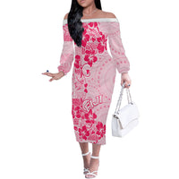 Fiji Masi With Hibiscus Tapa Tribal Off The Shoulder Long Sleeve Dress Pink Pastel LT01 Women Pink - Polynesian Pride