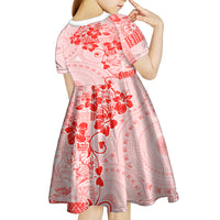 Fiji Masi With Hibiscus Tapa Tribal Kid Short Sleeve Dress Red Pastel LT01 - Polynesian Pride