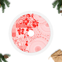 Fiji Masi With Hibiscus Tapa Tribal Tree Skirt Red Pastel LT01 Fringed Tree Skirts Red - Polynesian Pride