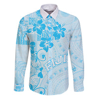 Fiji Masi With Hibiscus Tapa Tribal Family Matching Off Shoulder Maxi Dress and Hawaiian Shirt Sky Blue Pastel LT01 Dad's Shirt - Long Sleeve Blue - Polynesian Pride