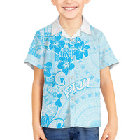 Fiji Masi With Hibiscus Tapa Tribal Family Matching Off Shoulder Maxi Dress and Hawaiian Shirt Sky Blue Pastel LT01 Son's Shirt Blue - Polynesian Pride