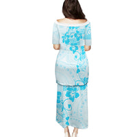 Fiji Masi With Hibiscus Tapa Tribal Puletasi Sky Blue Pastel LT01 - Polynesian Pride