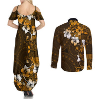 Fiji Masi With Hibiscus Tapa Tribal Couples Matching Summer Maxi Dress and Long Sleeve Button Shirt Gold Version LT01 - Polynesian Pride