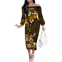 Fiji Masi With Hibiscus Tapa Tribal Off The Shoulder Long Sleeve Dress Gold Version LT01 Women Gold - Polynesian Pride