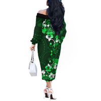 Fiji Masi Off The Shoulder Long Sleeve Dress Fijian Hibiscus Tapa Green Version LT01 - Polynesian Pride