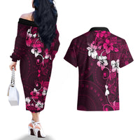 Fiji Masi Couples Matching Off The Shoulder Long Sleeve Dress and Hawaiian Shirt Fijian Hibiscus Tapa Pink Version LT01 - Polynesian Pride