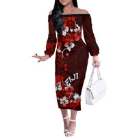 Fiji Masi Off The Shoulder Long Sleeve Dress Fijian Hibiscus Tapa Red Version LT01 Women Red - Polynesian Pride