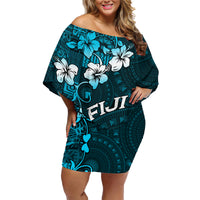 Fiji Masi Family Matching Off Shoulder Short Dress and Hawaiian Shirt Fijian Hibiscus Tapa Sky Blue Version LT01 Mom's Dress Blue - Polynesian Pride
