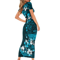 Fiji Masi Short Sleeve Bodycon Dress Fijian Hibiscus Tapa Sky Blue Version LT01 - Polynesian Pride