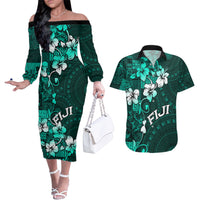 Fiji Masi Couples Matching Off The Shoulder Long Sleeve Dress and Hawaiian Shirt Fijian Hibiscus Tapa Turquoise Version LT01 Turquoise - Polynesian Pride