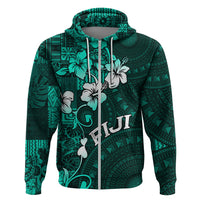 Fiji Masi Hoodie Fijian Hibiscus Tapa Turquoise Version LT01 Zip Hoodie Turquoise - Polynesian Pride
