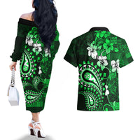 Fiji Masi Paisley With Hibiscus Tapa Couples Matching Off The Shoulder Long Sleeve Dress and Hawaiian Shirt Green Version LT01 - Polynesian Pride