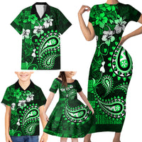 Fiji Masi Paisley With Hibiscus Tapa Family Matching Short Sleeve Bodycon Dress and Hawaiian Shirt Green Version LT01 - Polynesian Pride