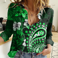 Fiji Masi Paisley With Hibiscus Tapa Women Casual Shirt Green Version LT01 Female Green - Polynesian Pride