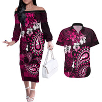 Fiji Masi Paisley With Hibiscus Tapa Couples Matching Off The Shoulder Long Sleeve Dress and Hawaiian Shirt Pink Version LT01 Pink - Polynesian Pride