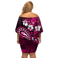 Fiji Masi Paisley With Hibiscus Tapa Family Matching Off Shoulder Short Dress and Hawaiian Shirt Pink Version LT01 - Polynesian Pride