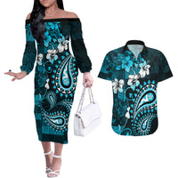 Fiji Masi Paisley Couples Matching Off The Shoulder Long Sleeve Dress and Hawaiian Shirt Fijian Hibiscus Tapa Sky Blue Version LT01 Blue - Polynesian Pride