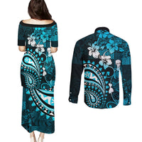 Fiji Masi Paisley Couples Matching Puletasi Dress and Long Sleeve Button Shirt Fijian Hibiscus Tapa Sky Blue Version LT01 - Polynesian Pride
