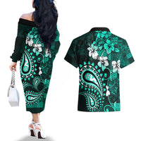 Fiji Masi Paisley Couples Matching Off The Shoulder Long Sleeve Dress and Hawaiian Shirt Fijian Hibiscus Tapa Turquoise Version LT01 - Polynesian Pride
