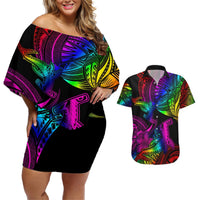 LGBT History Month Couples Matching Off Shoulder Short Dress and Hawaiian Shirt Polynesian Hammerhead Shark LT01 Rainbow - Polynesian Pride