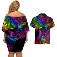 LGBT History Month Couples Matching Off Shoulder Short Dress and Hawaiian Shirt Polynesian Hammerhead Shark LT01 - Polynesian Pride