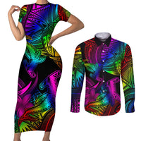 LGBT History Month Couples Matching Short Sleeve Bodycon Dress and Long Sleeve Button Shirt Polynesian Hammerhead Shark LT01